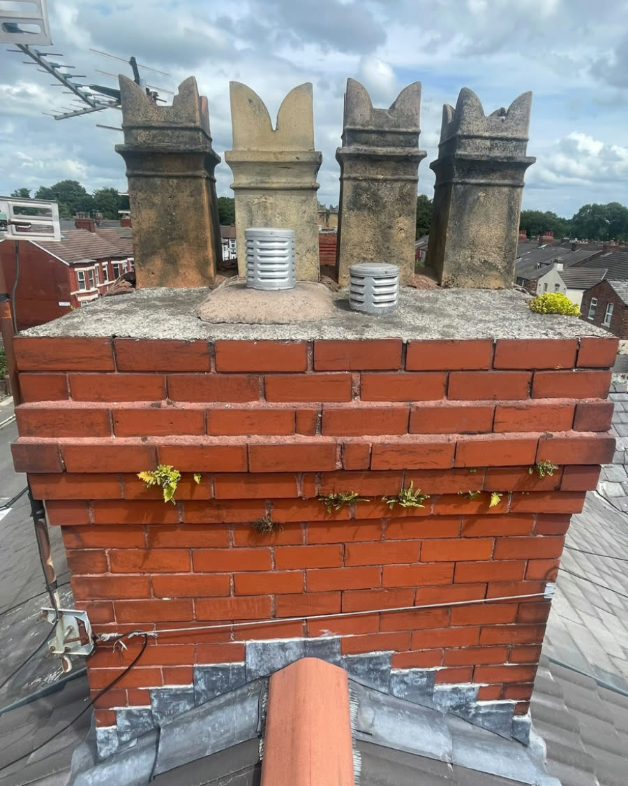 Chimney stack with weeds growing out of the mortar joints and a worn top